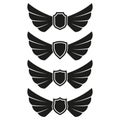 Wings icon set with shields isolated on white background. Wing emblem or label. Vector illustration